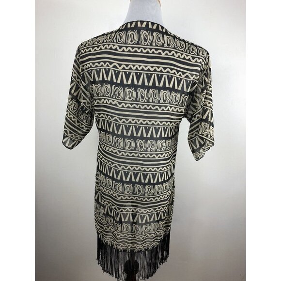 Lularoe Sheer Kimono Tribal Print with Bottom Fringe Tan Black Small - Picture 3 of 8